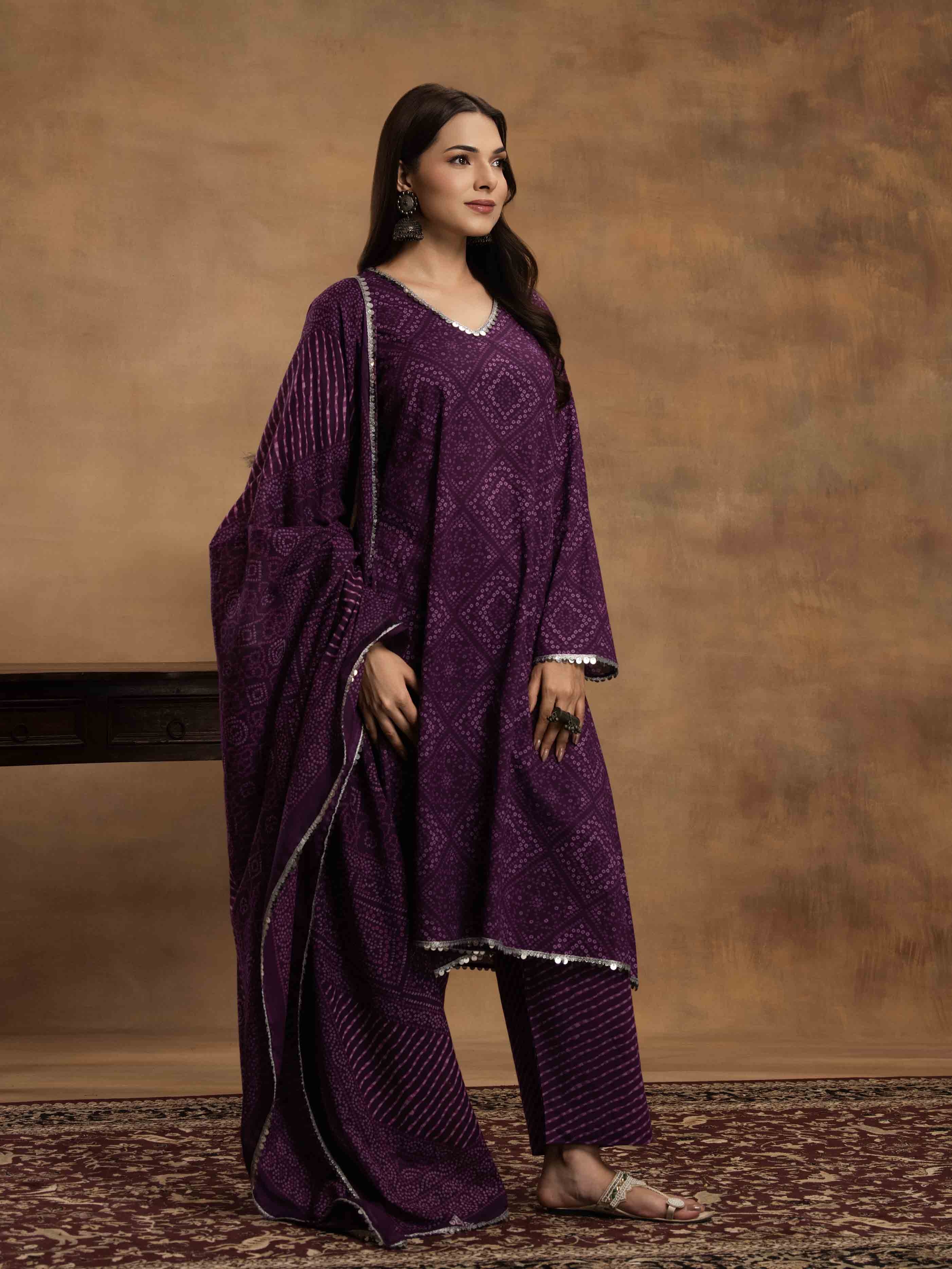 Navdana Purple Bandhej Kurta Set With Dupatta - SITARA