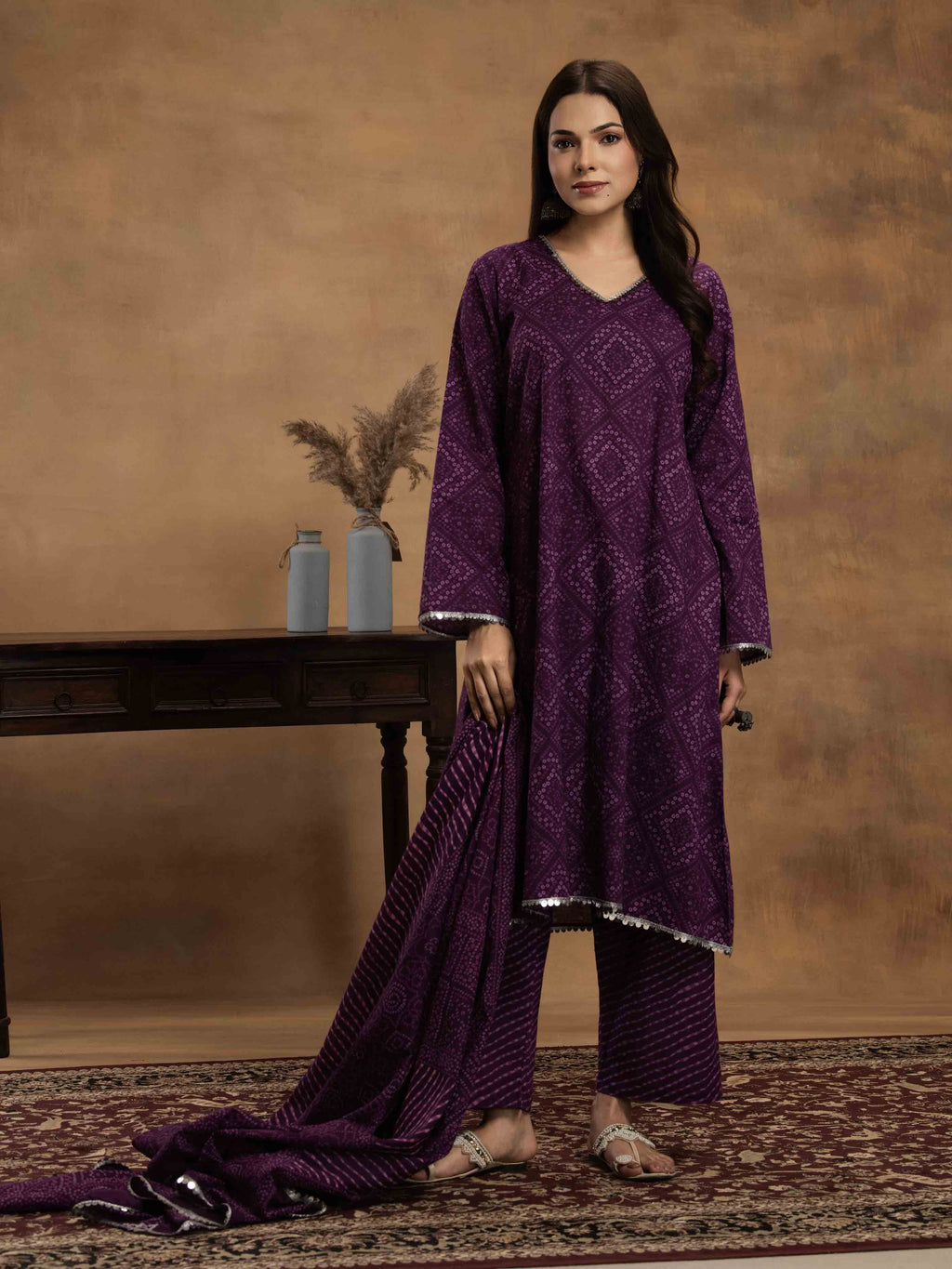 Navdana Purple Bandhej Kurta Set With Dupatta - SITARA