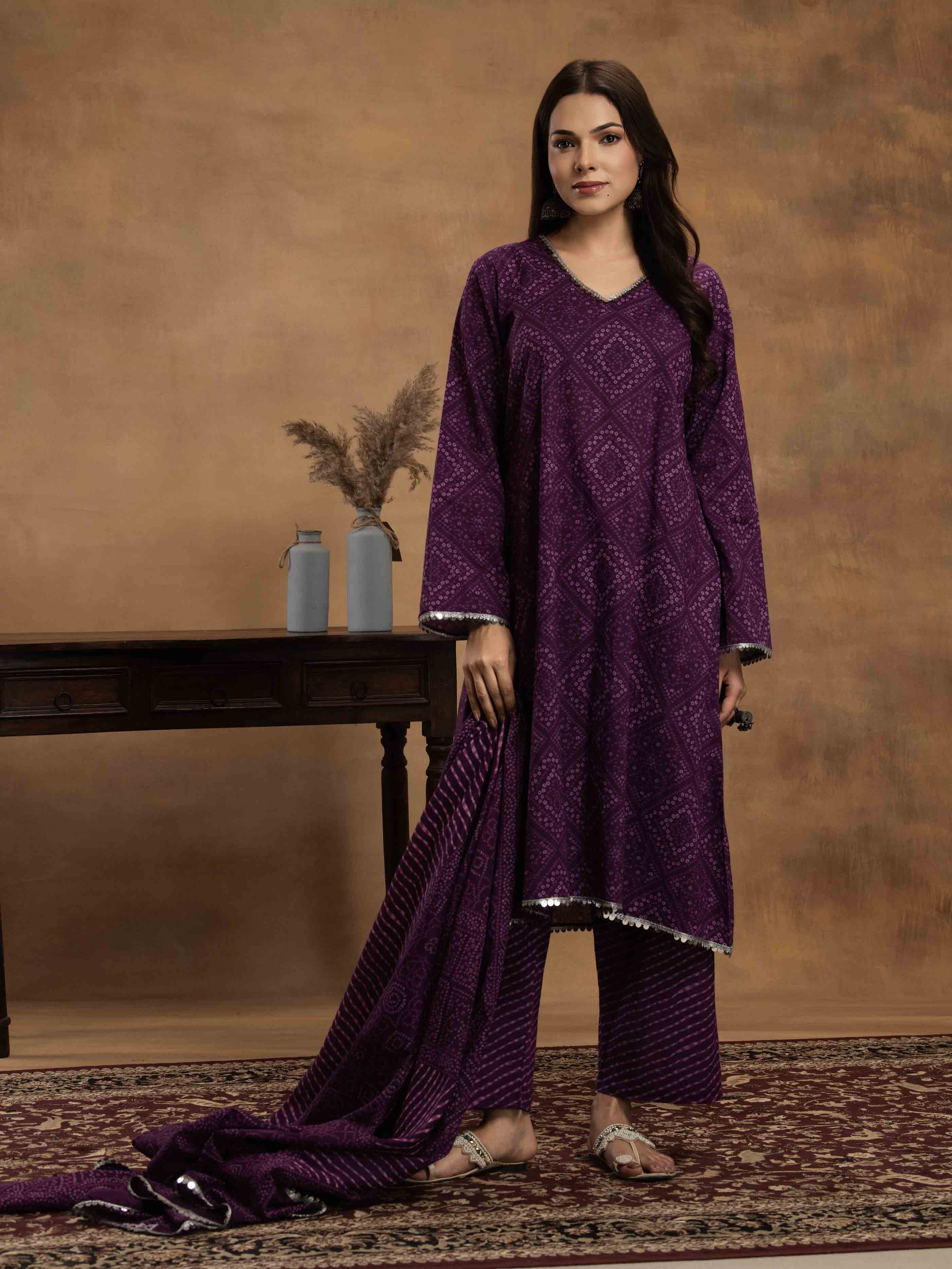 Navdana Purple Bandhej Kurta Set With Dupatta - SITARA