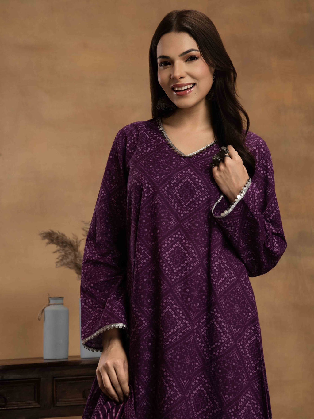 Navdana Purple Bandhej Kurta Set With Dupatta - SITARA