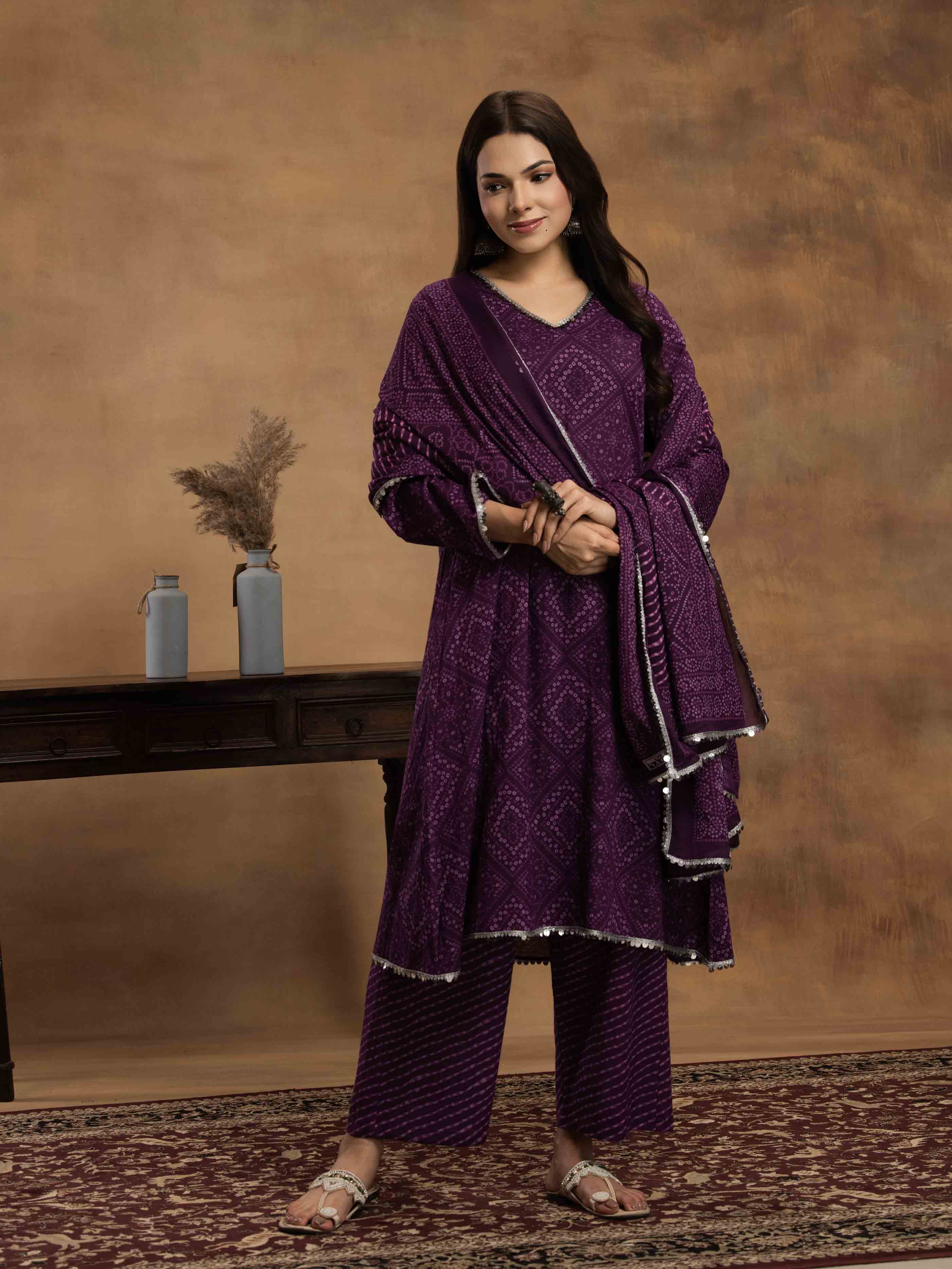Navdana Purple Bandhej Kurta Set With Dupatta - SITARA