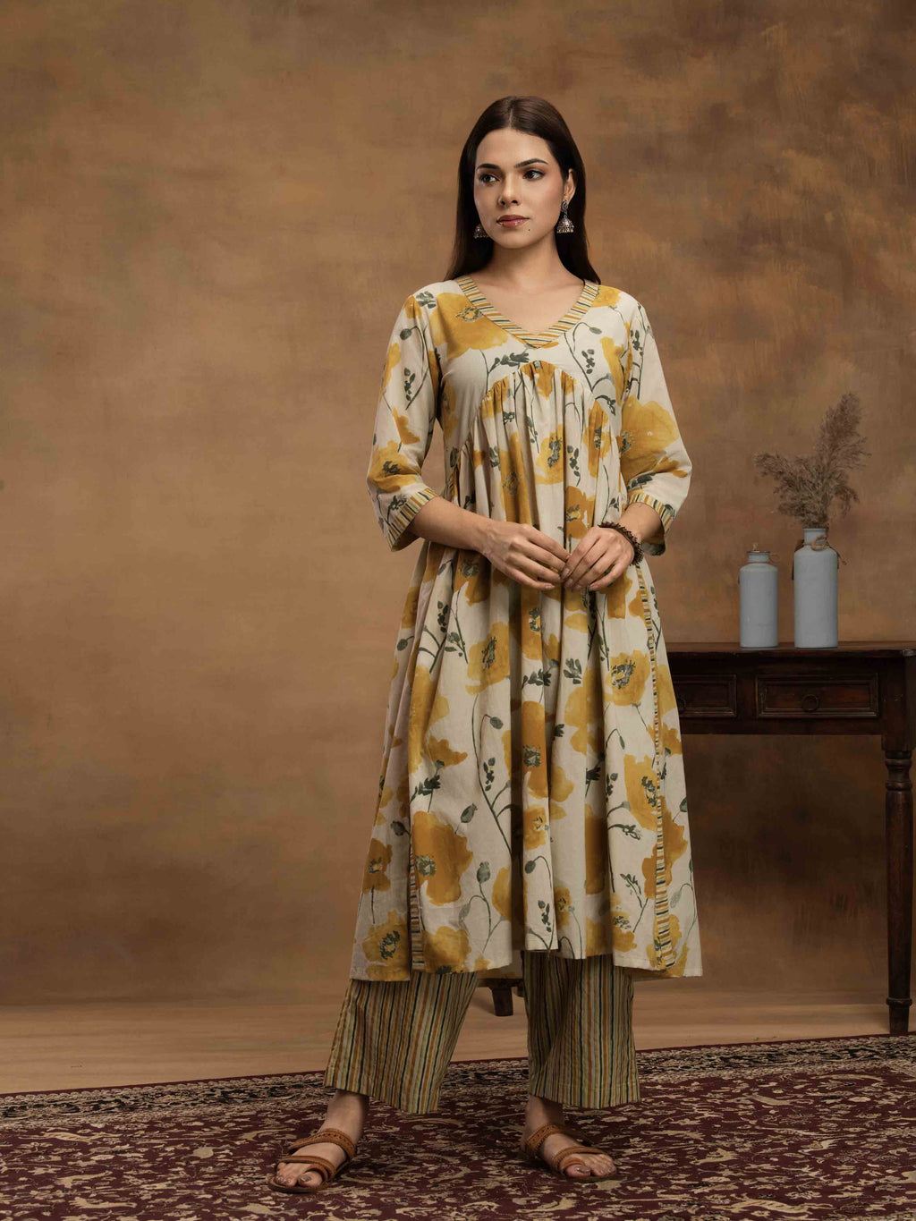 Navdana Floral Yellow Nayra Cut Kurti & Striped Pants Set-SUNEHRI