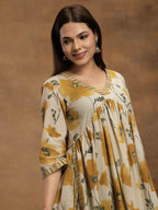Navdana Floral Yellow Nayra Cut Kurti & Striped Pants Set-SUNEHRI