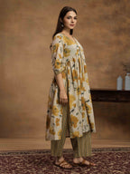 Navdana Floral Yellow Nayra Cut Kurti & Striped Pants Set-SUNEHRI