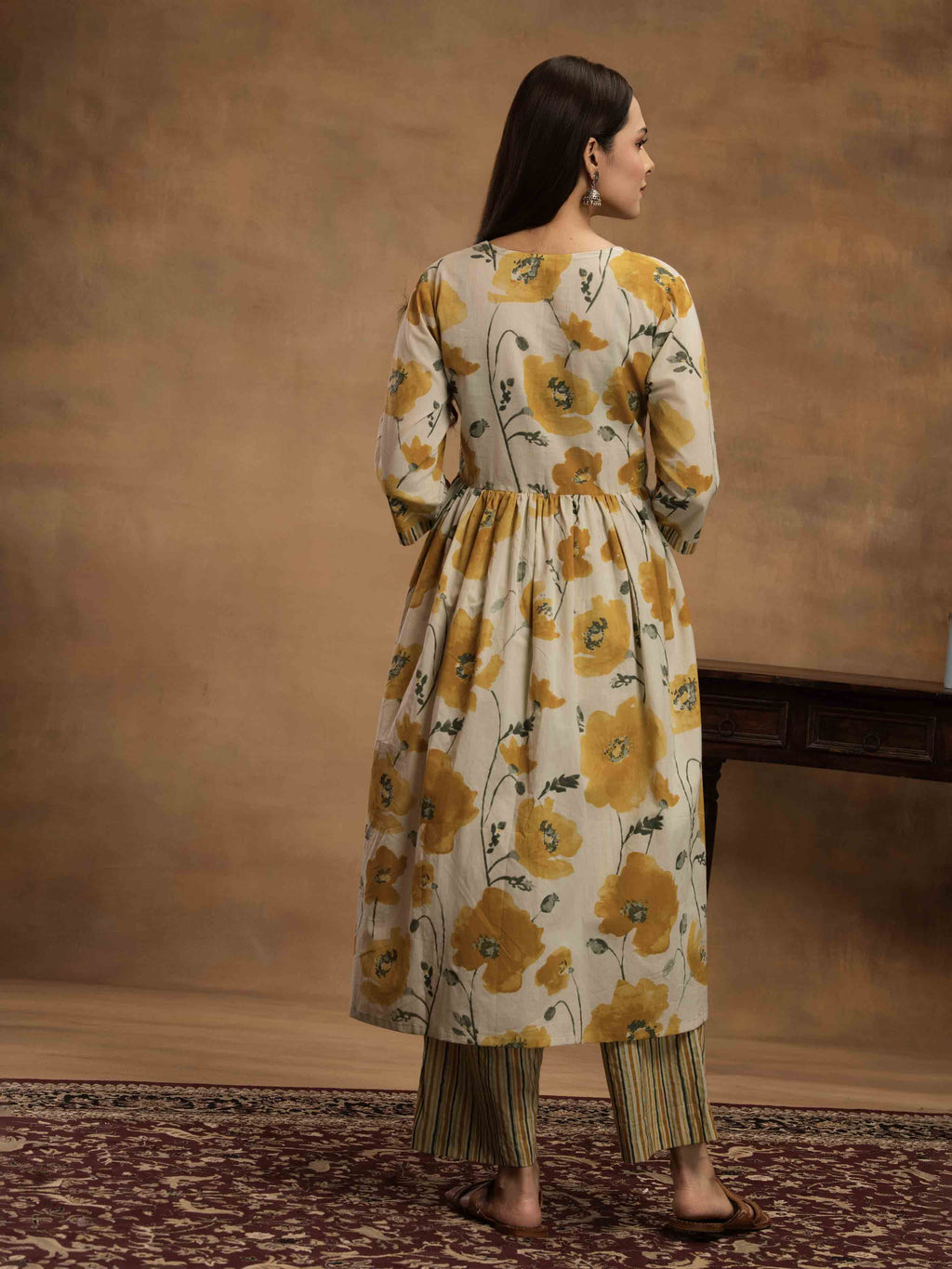 Navdana Floral Yellow Nayra Cut Kurti & Striped Pants Set-SUNEHRI