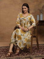 Navdana Floral Yellow Nayra Cut Kurti & Striped Pants Set-SUNEHRI