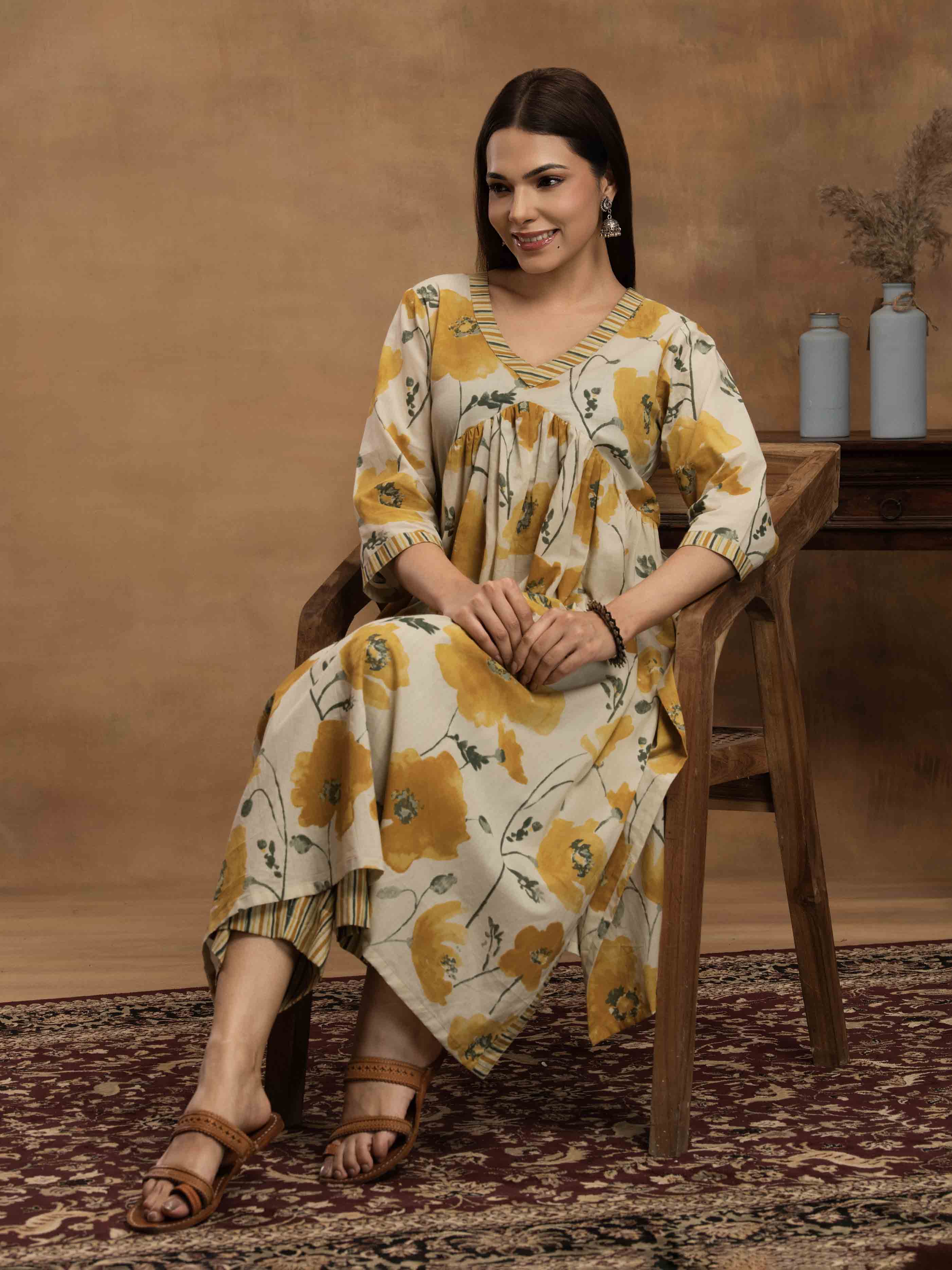 Navdana Floral Yellow Nayra Cut Kurti & Striped Pants Set-SUNEHRI