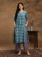 Navdana Floral Blue Nayra Cut Kurti & Striped Pants Set of 2 - KHUSHBU