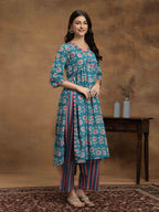 Navdana Floral Blue Nayra Cut Kurti & Striped Pants Set of 2 - KHUSHBU