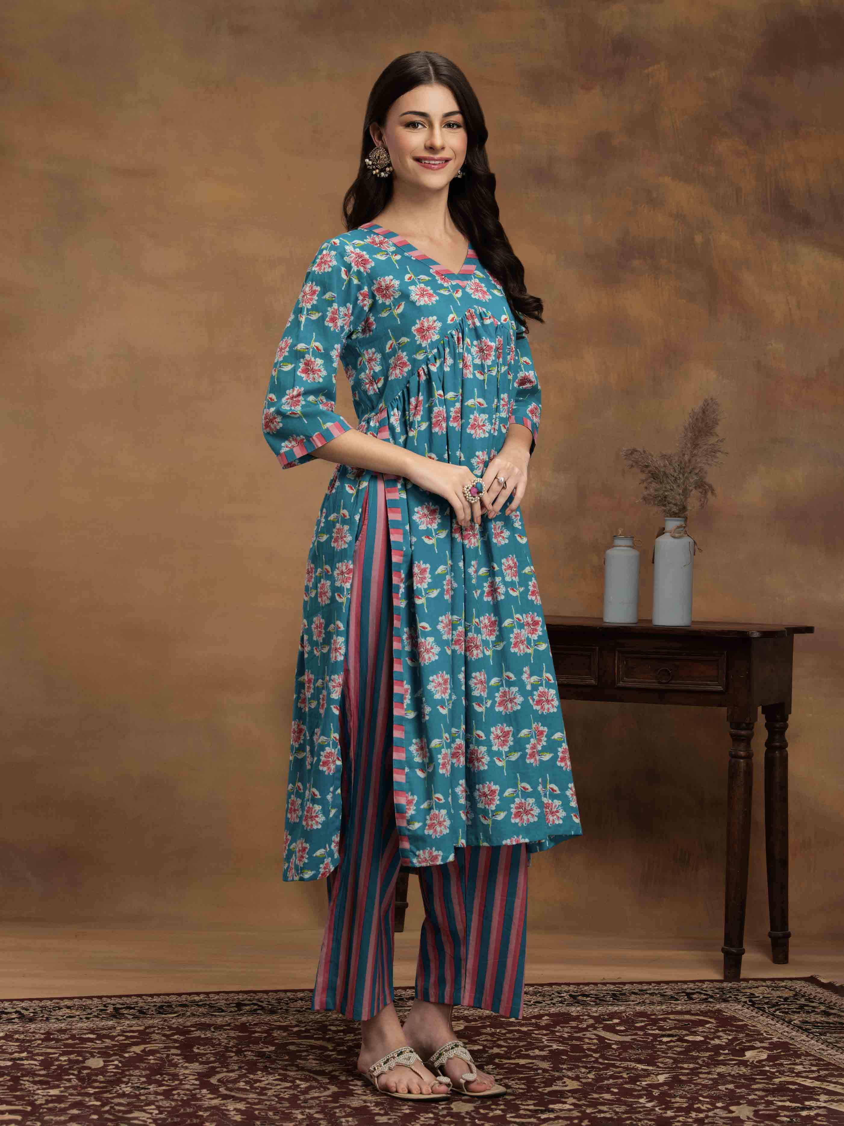 Navdana Floral Blue Nayra Cut Kurti & Striped Pants Set of 2 - KHUSHBU