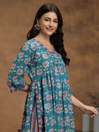 Navdana Floral Blue Nayra Cut Kurti & Striped Pants Set of 2 - KHUSHBU