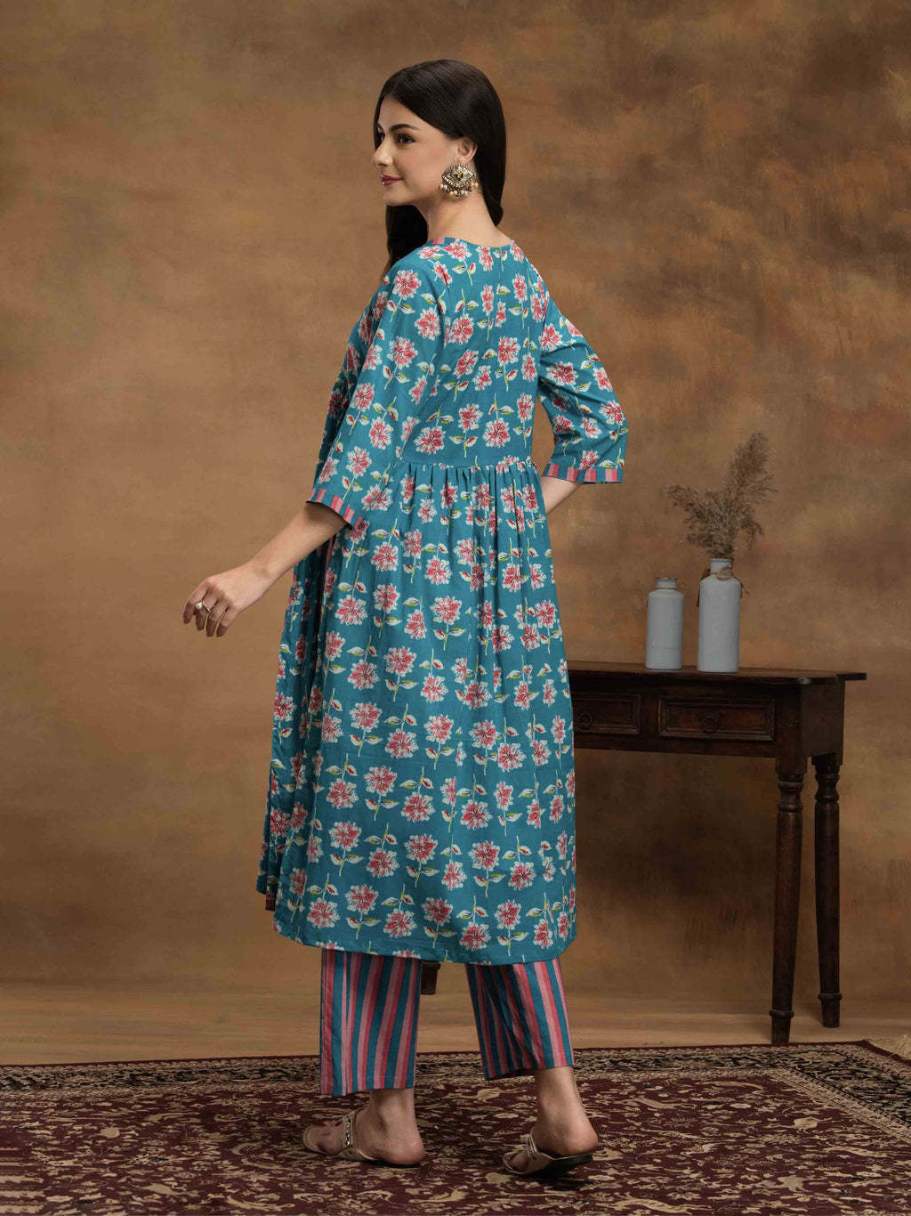 Navdana Floral Blue Nayra Cut Kurti & Striped Pants Set of 2 - KHUSHBU