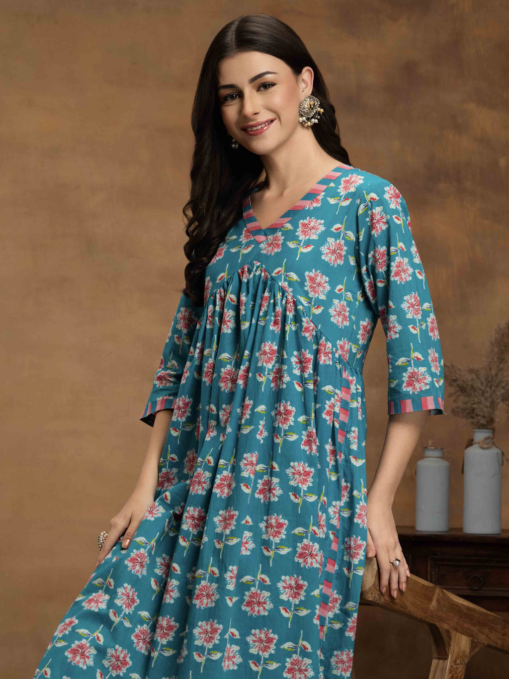Navdana Floral Blue Nayra Cut Kurti & Striped Pants Set of 2 - KHUSHBU