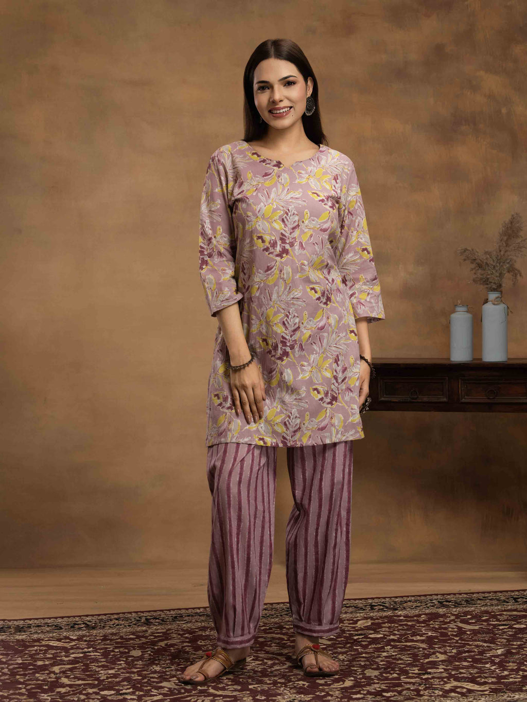 Navdana Light Purple Floral Co-ord Set with Afghani Style Trousers - TARANG