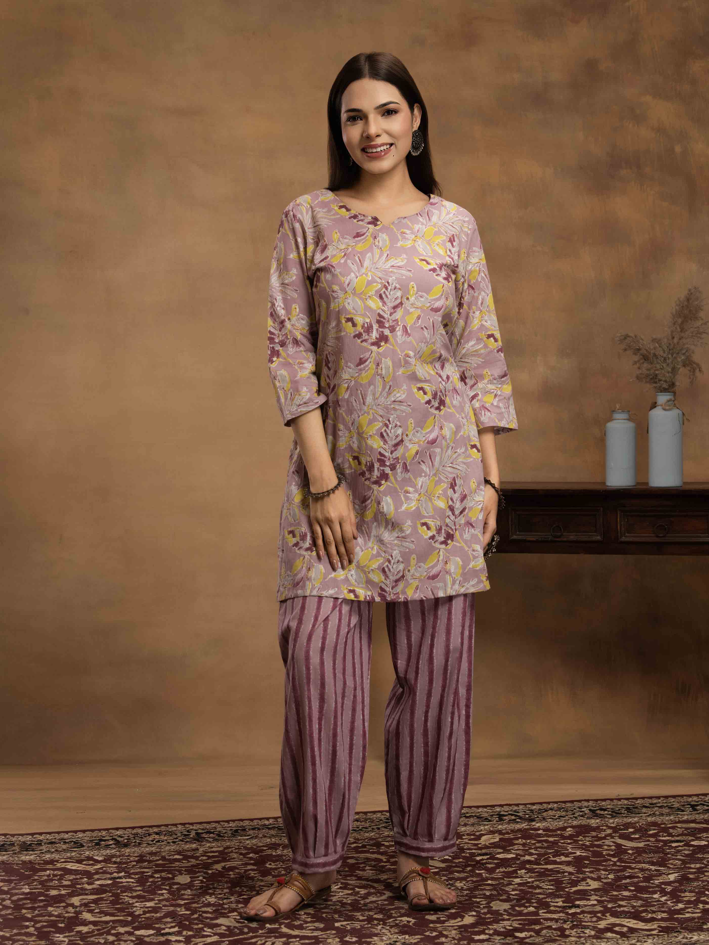 Navdana Light Purple Floral Co-ord Set with Afghani Style Trousers - TARANG