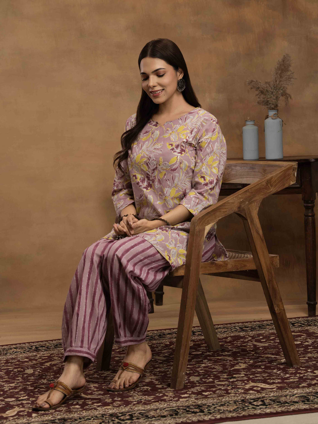 Navdana Light Purple Floral Co-ord Set with Afghani Style Trousers - TARANG
