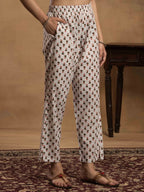 Navdana White Kurti with Jaipuri Print Pants Set - SANAM