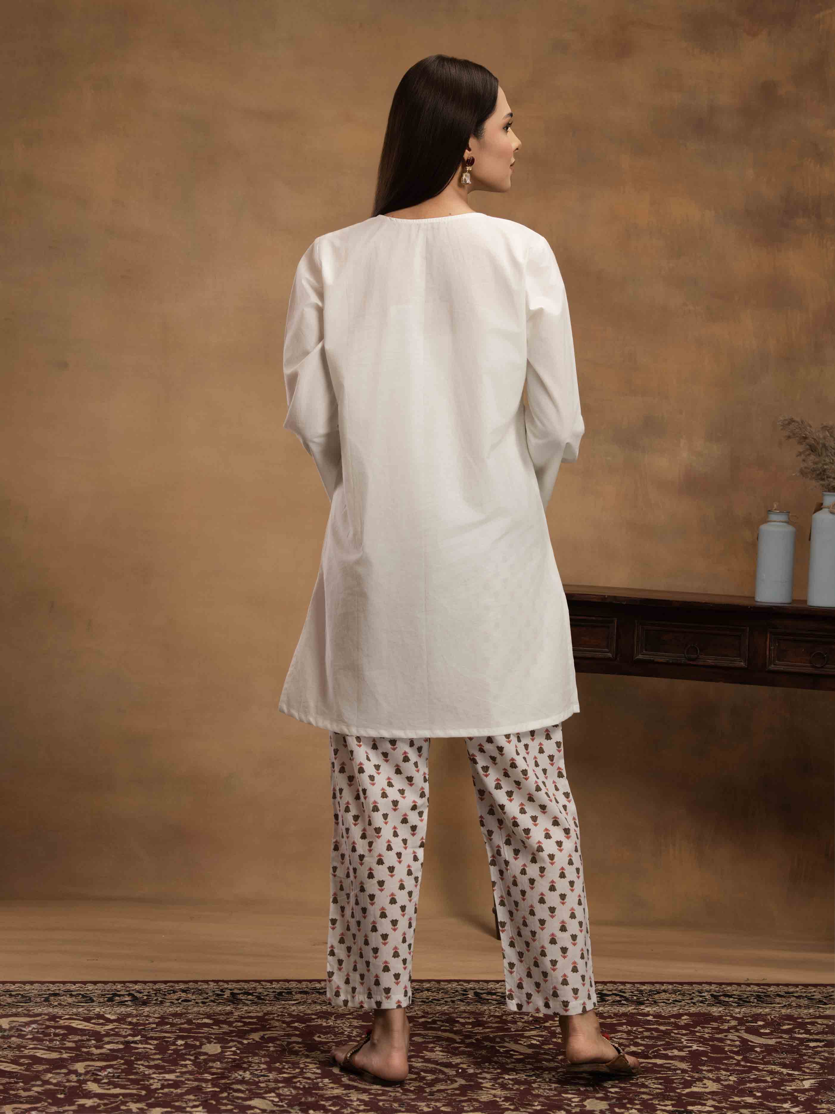 Navdana White Kurti with Jaipuri Print Pants Set - SANAM