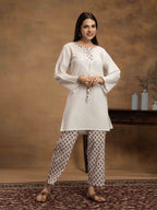 Navdana White Kurti with Jaipuri Print Pants Set - SANAM