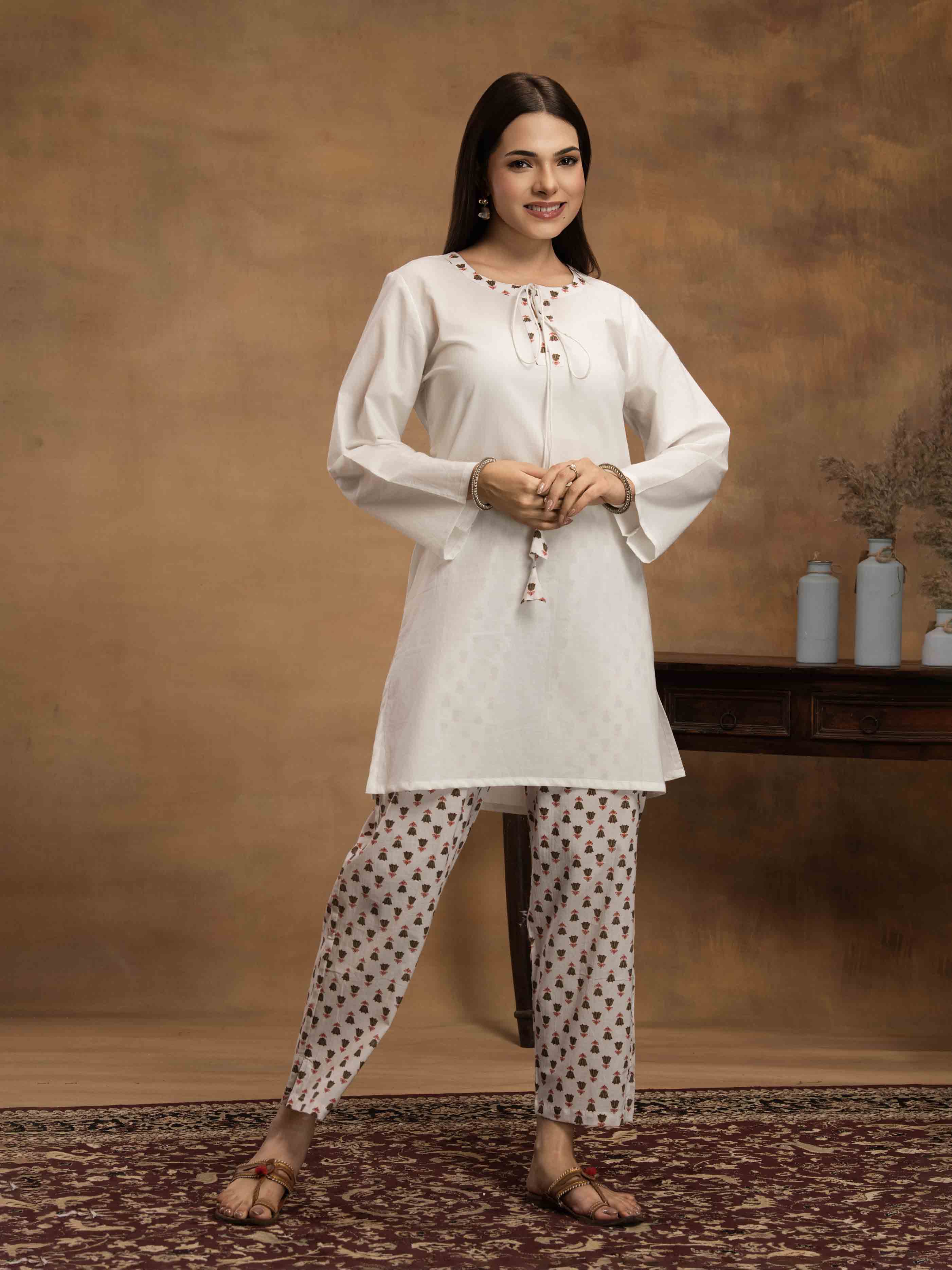 Navdana White Kurti with Jaipuri Print Pants Set - SANAM