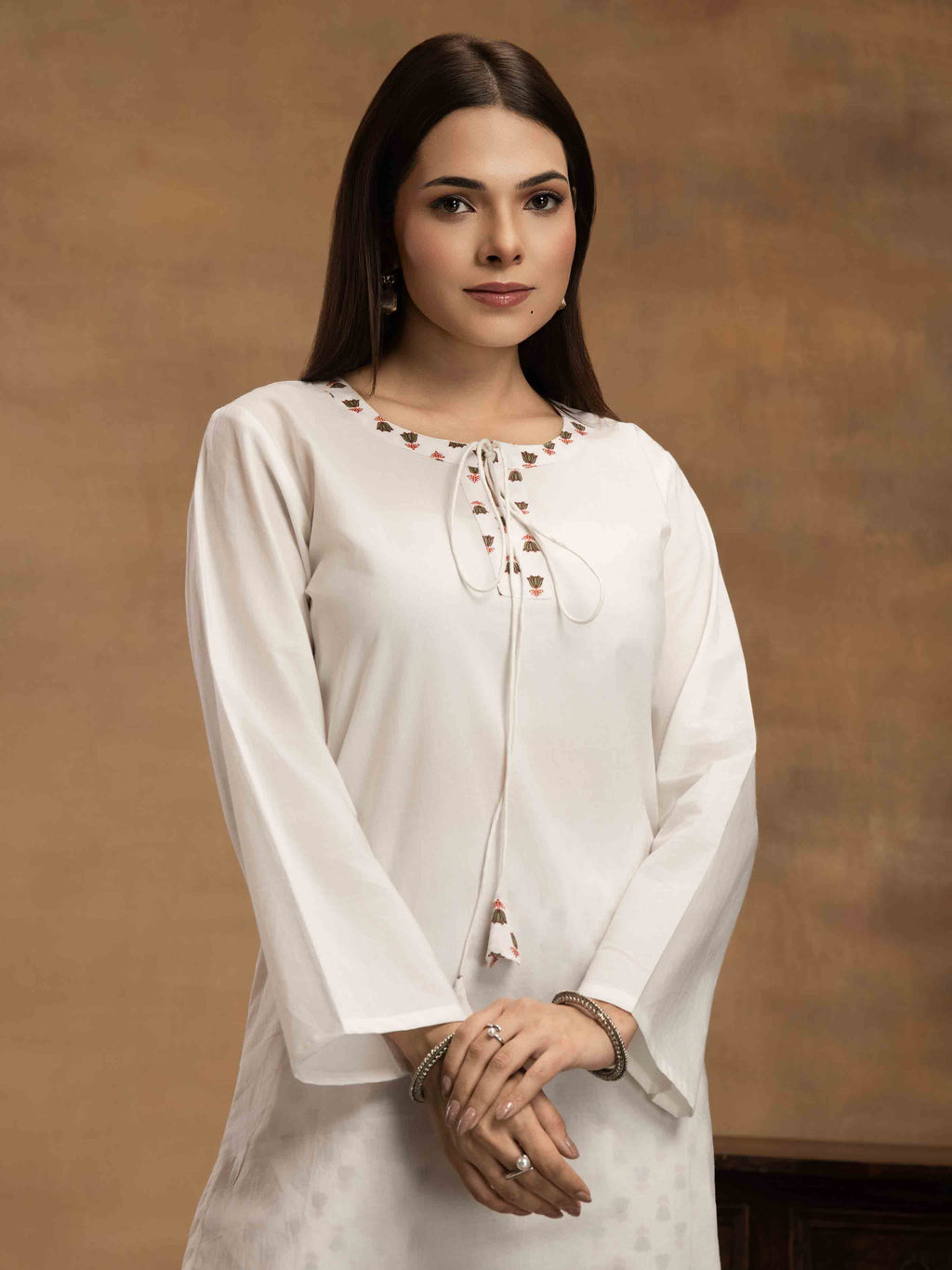 Navdana White Kurti with Jaipuri Print Pants Set - SANAM