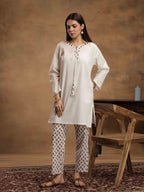 Navdana White Kurti with Jaipuri Print Pants Set - SANAM