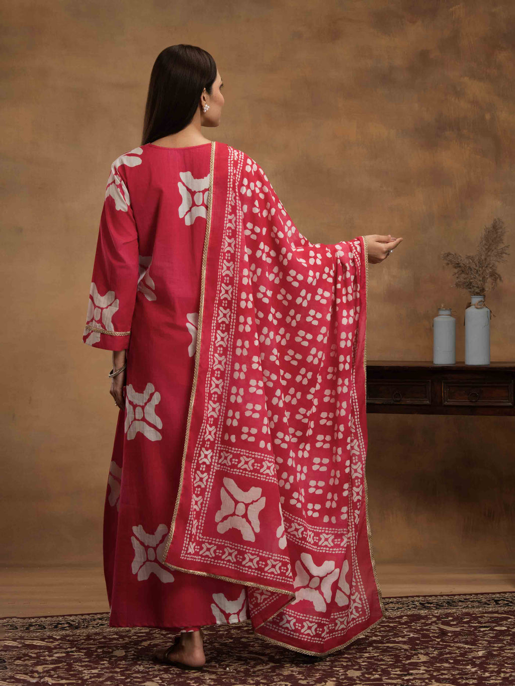 Navdana Pink Tie & Dye Cotton Anarkali Kurta Set with Dupatta - HUSNA