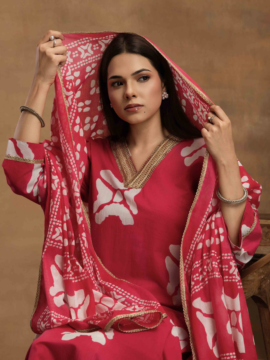 Navdana Pink Tie & Dye Cotton Anarkali Kurta Set with Dupatta - HUSNA