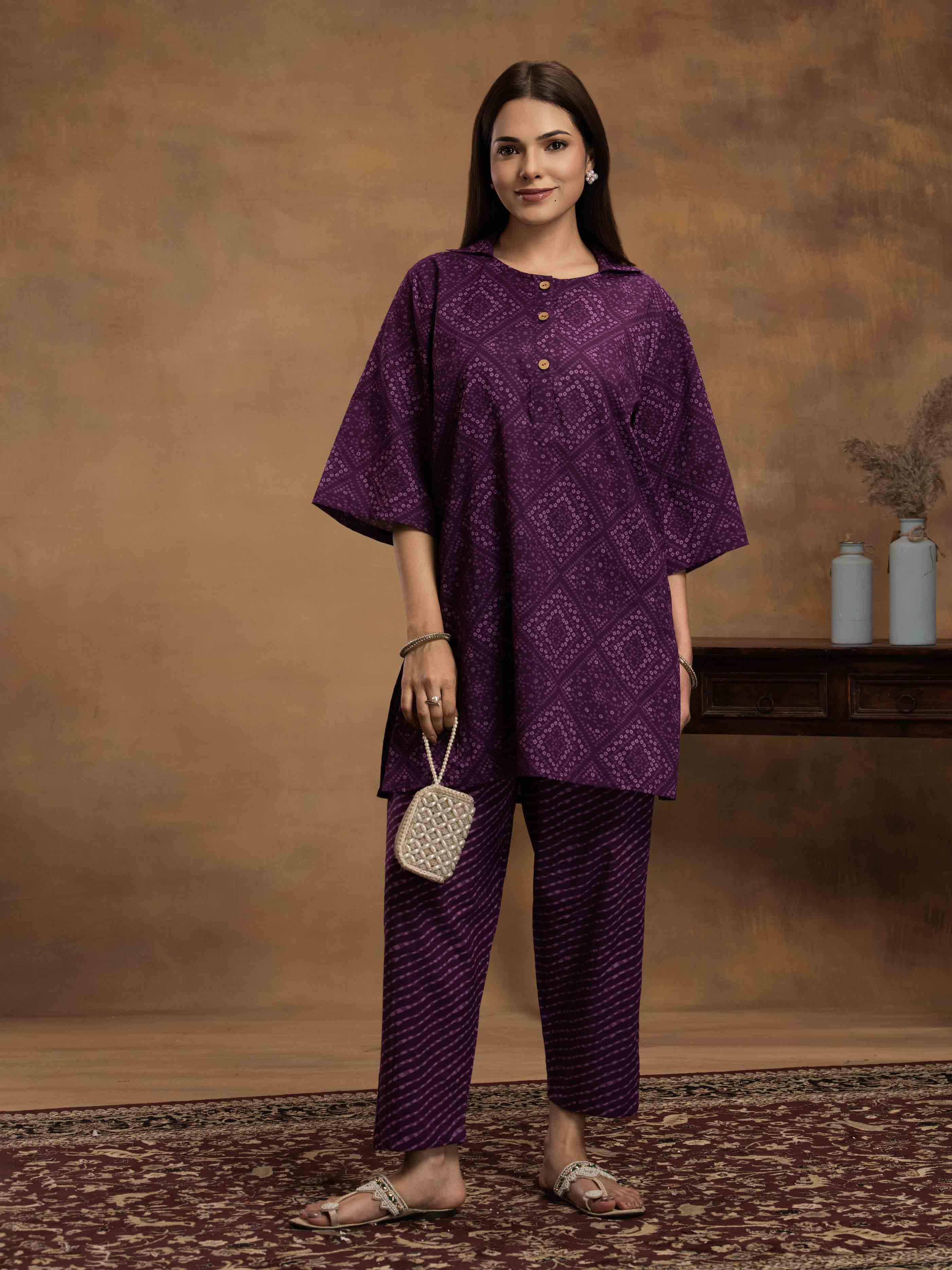 Navdana Oversized Bandhej Print Purple Co-ord Set with Pants - ROOHANI