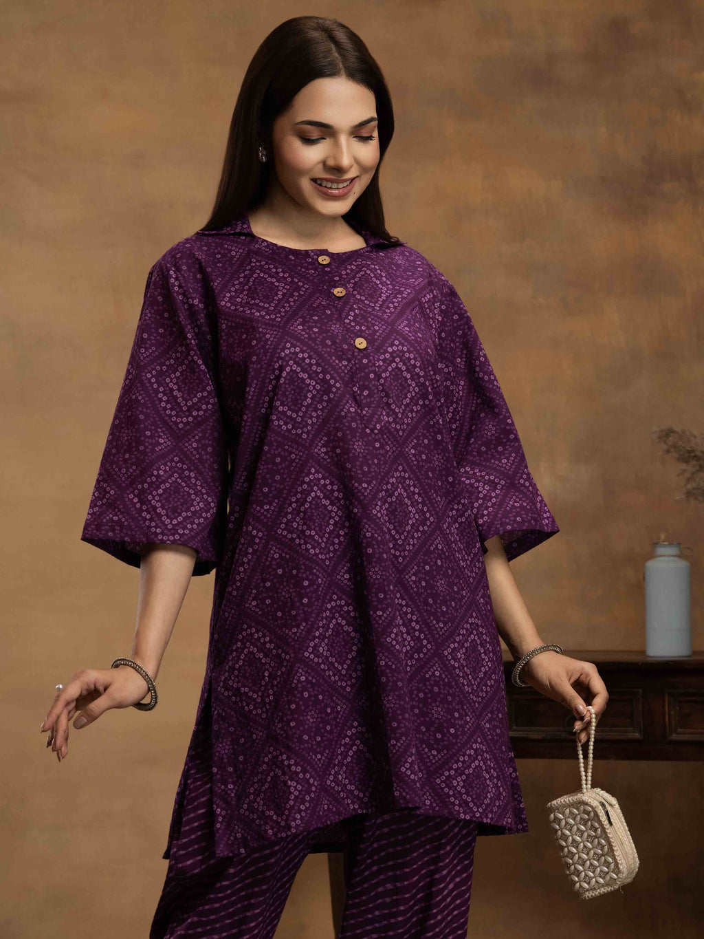 Navdana Oversized Bandhej Print Purple Co-ord Set with Pants - ROOHANI