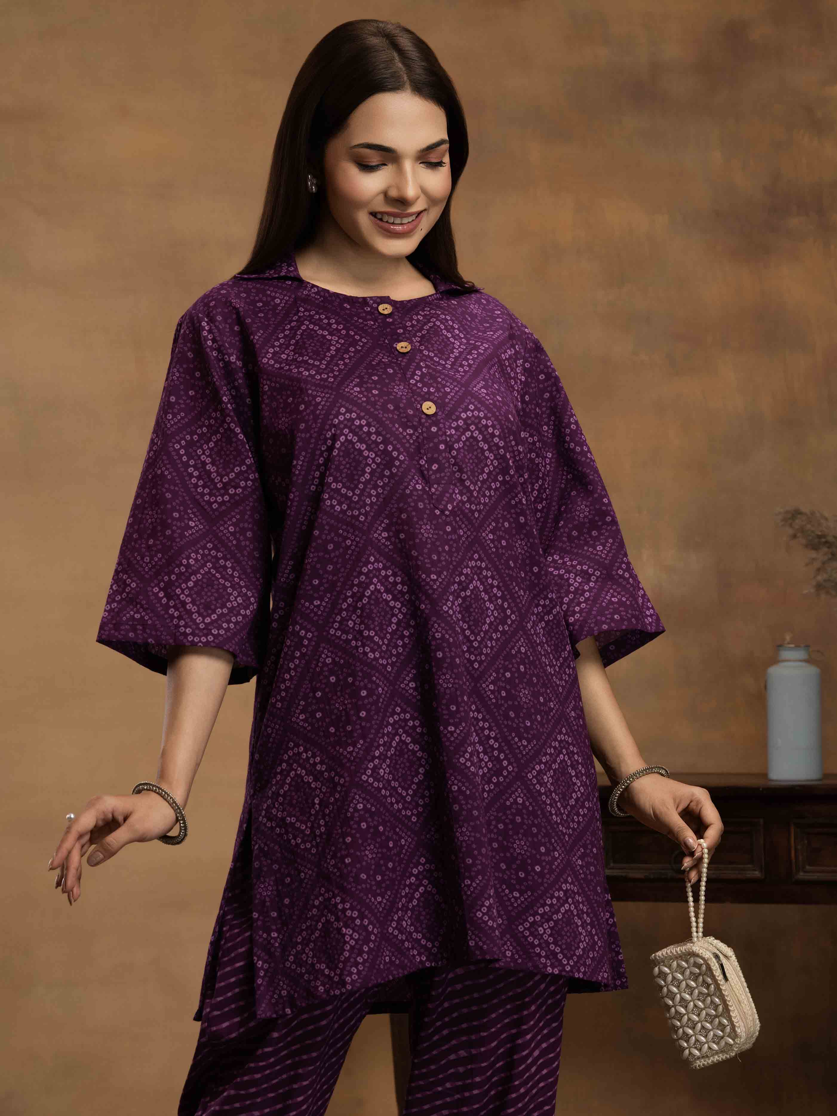 Navdana Oversized Bandhej Print Purple Co-ord Set with Pants - ROOHANI