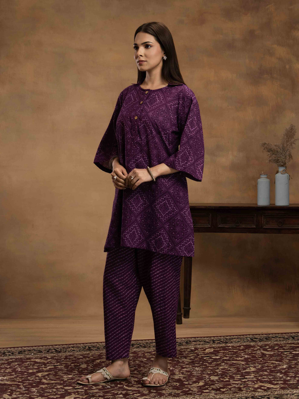 Navdana Oversized Bandhej Print Purple Co-ord Set with Pants - ROOHANI
