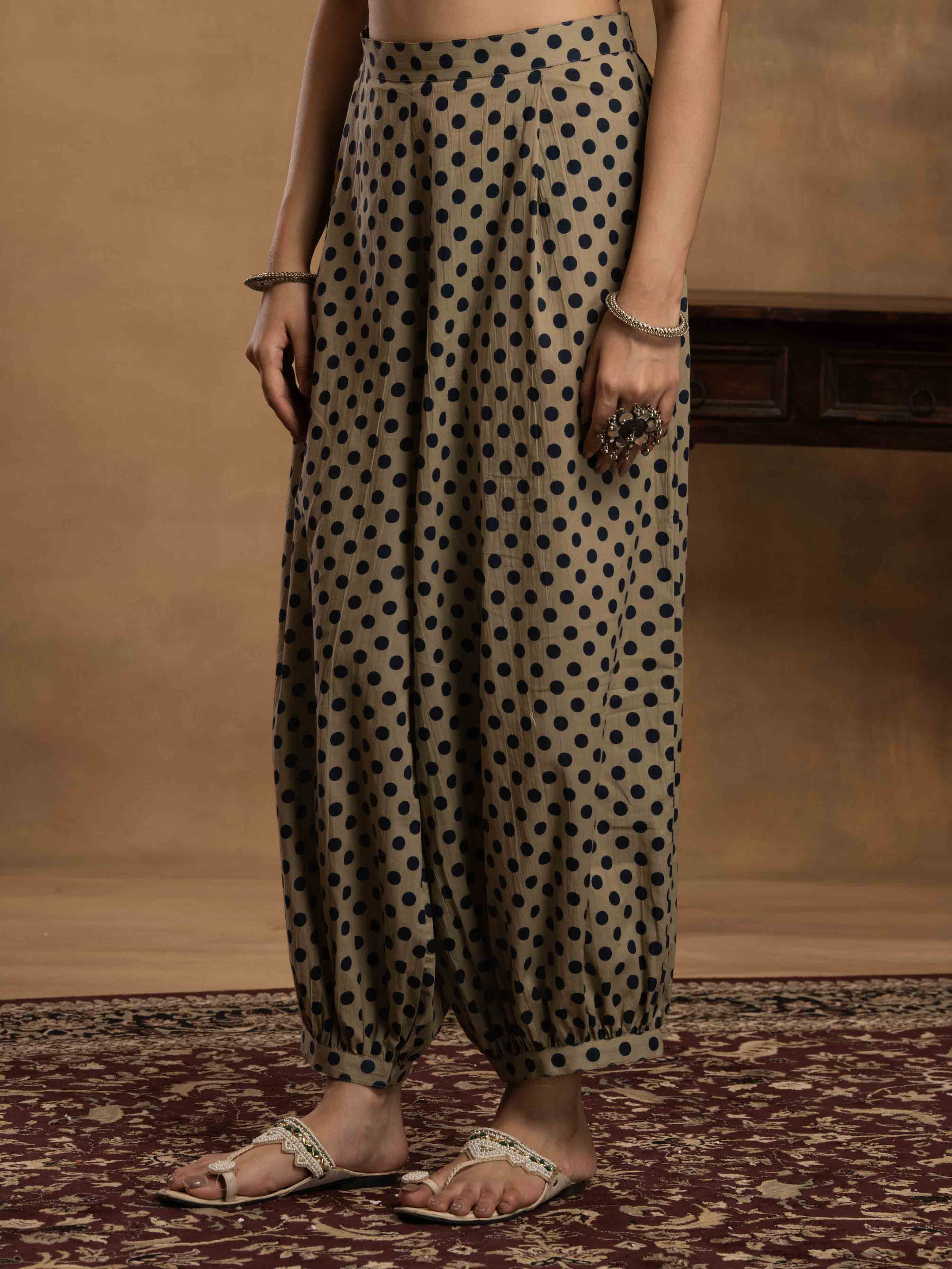 Navdana Blue Polka Beige Full Sleeves Kurti and Afghani Pants Co-ord Set-IRA