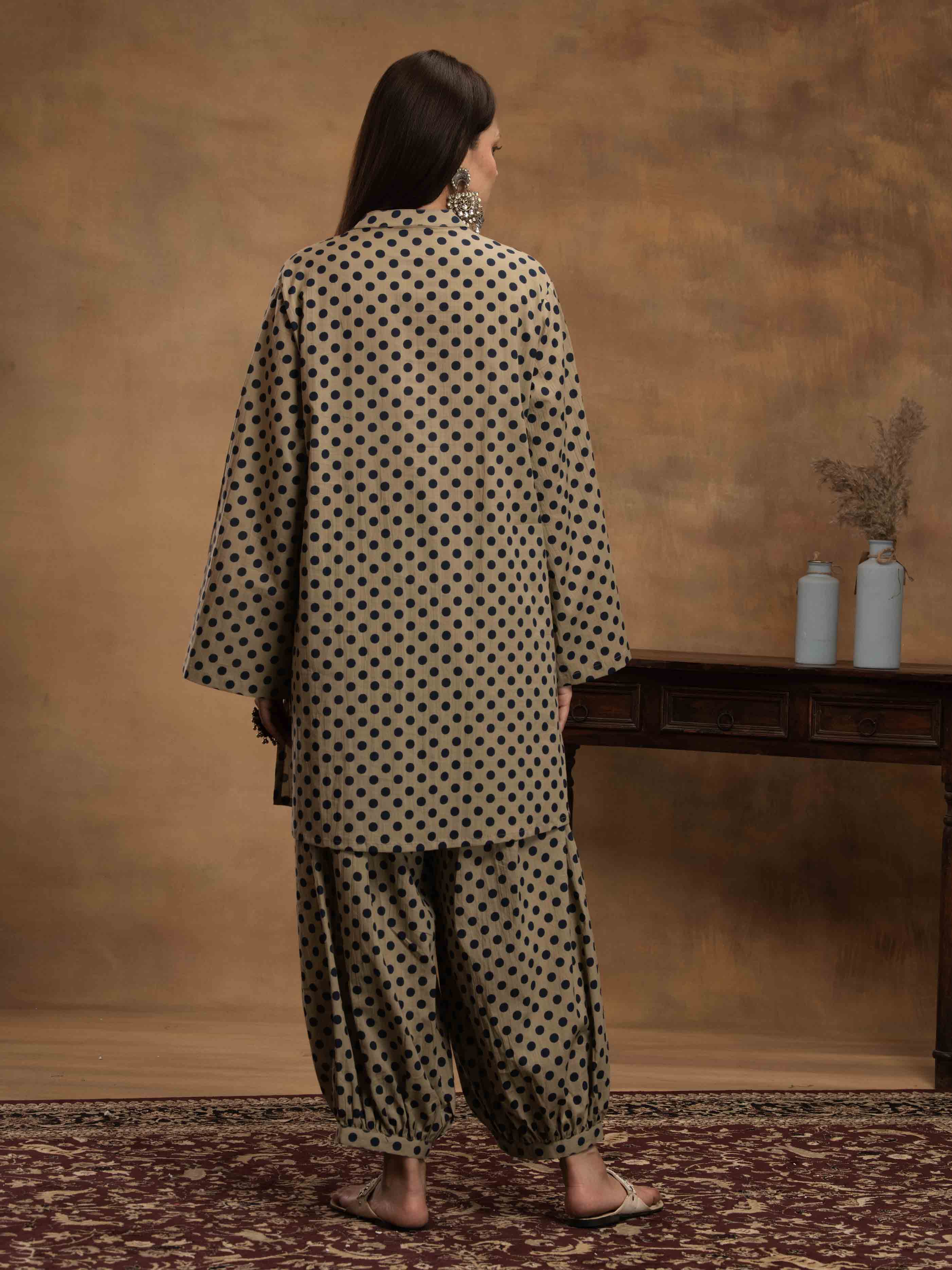 Navdana Blue Polka Beige Full Sleeves Kurti and Afghani Pants Co-ord Set-IRA