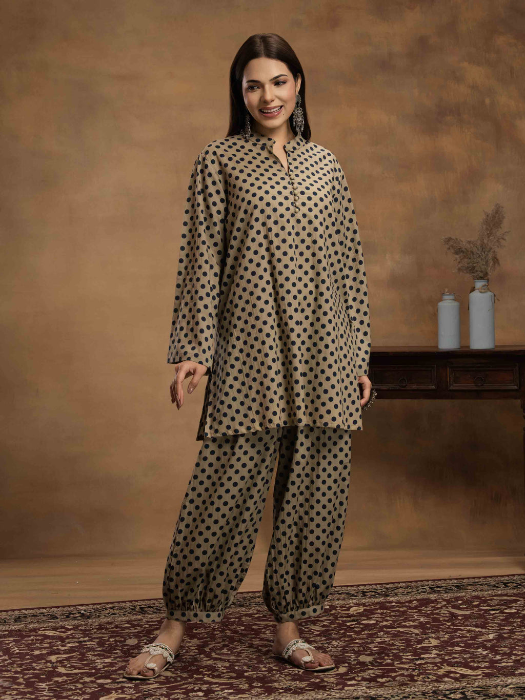 Navdana Blue Polka Beige Full Sleeves Kurti and Afghani Pants Co-ord Set-IRA