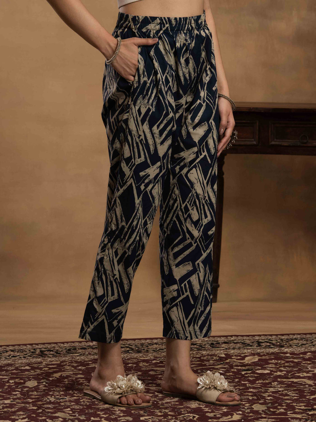 Navdana Blue & Beige Floral Kurta Set with Abstract Print Pants - ZIYA