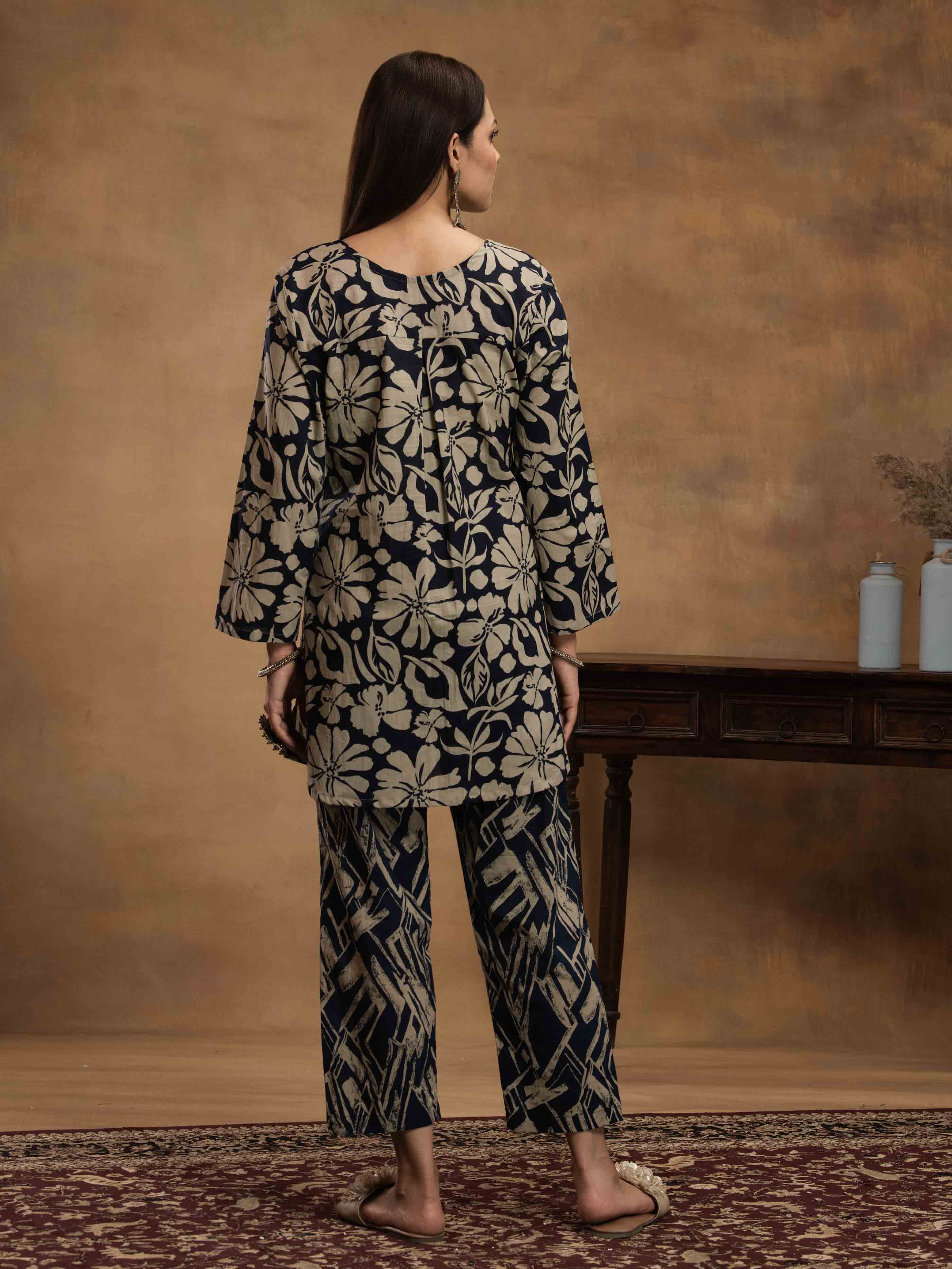 Navdana Blue & Beige Floral Kurta Set with Abstract Print Pants - ZIYA