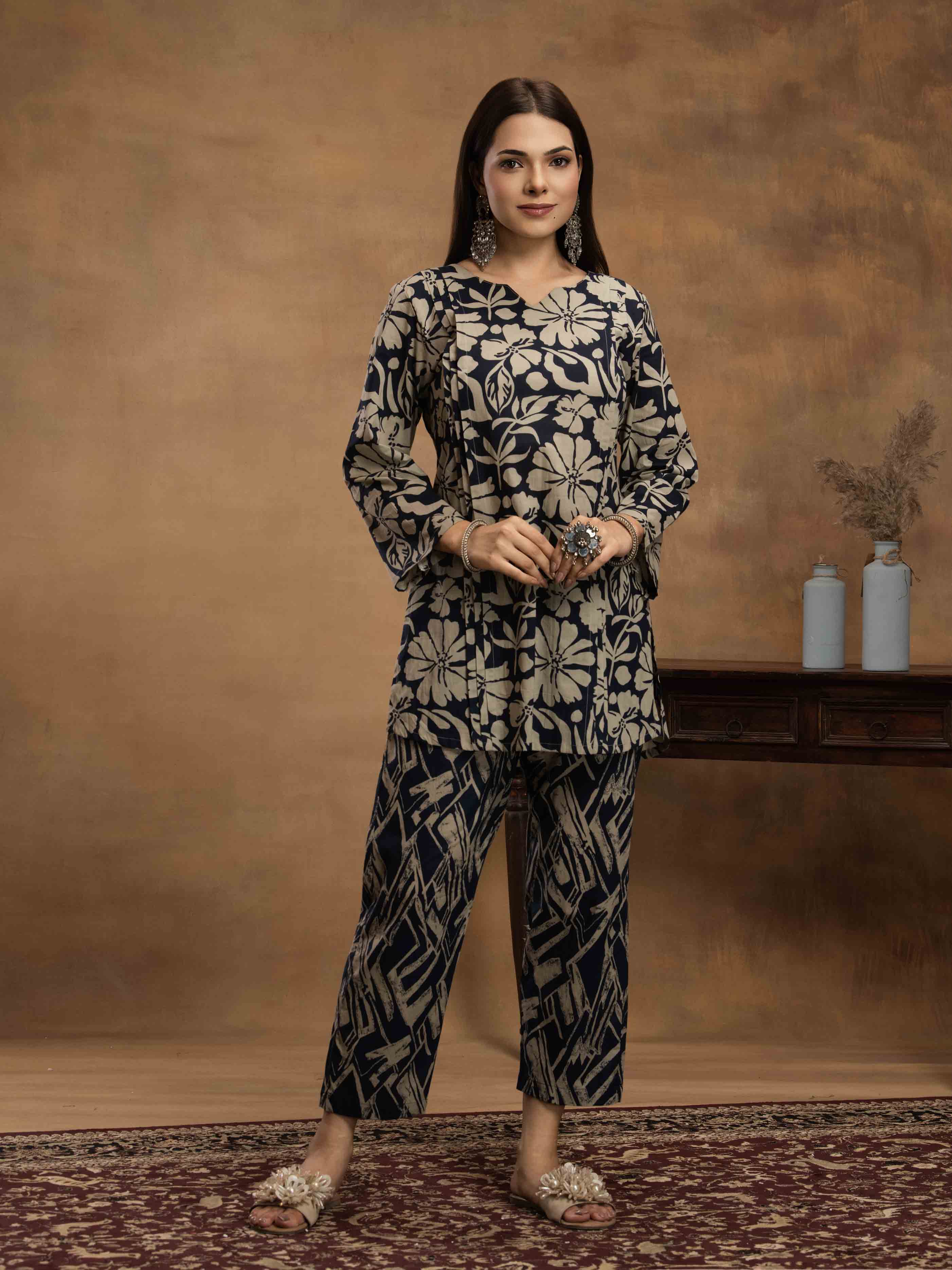 Navdana Blue & Beige Floral Kurta Set with Abstract Print Pants - ZIYA