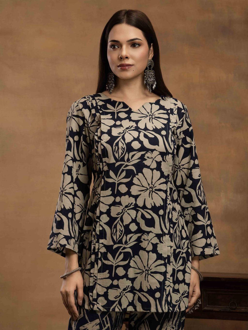 Navdana Blue & Beige Floral Kurta Set with Abstract Print Pants - ZIYA
