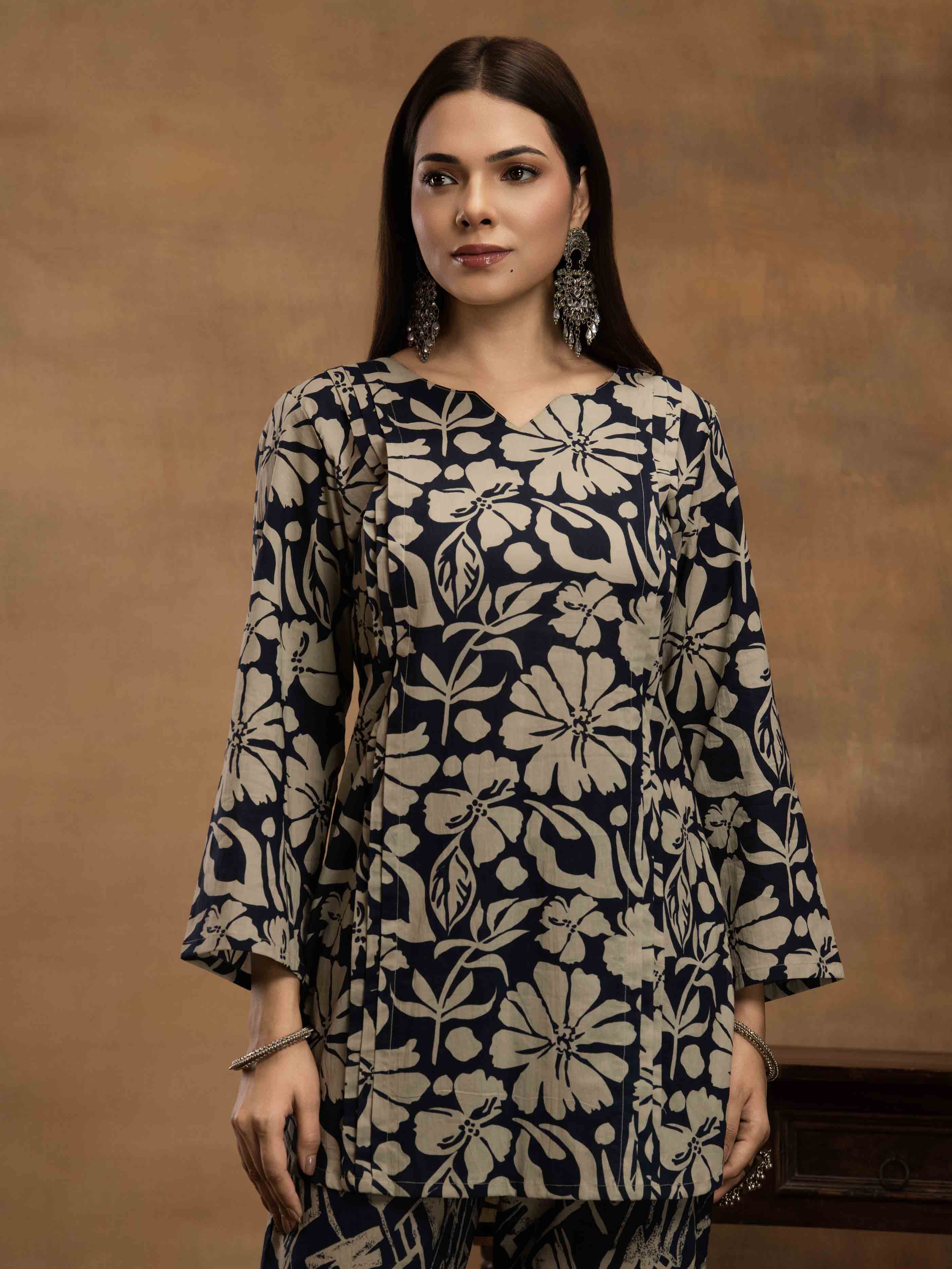 Navdana Blue & Beige Floral Kurta Set with Abstract Print Pants - ZIYA