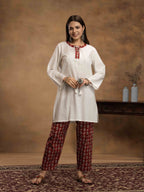 Navdana White Kurti With Red Jaipuri Print Pants Set - NAAZ