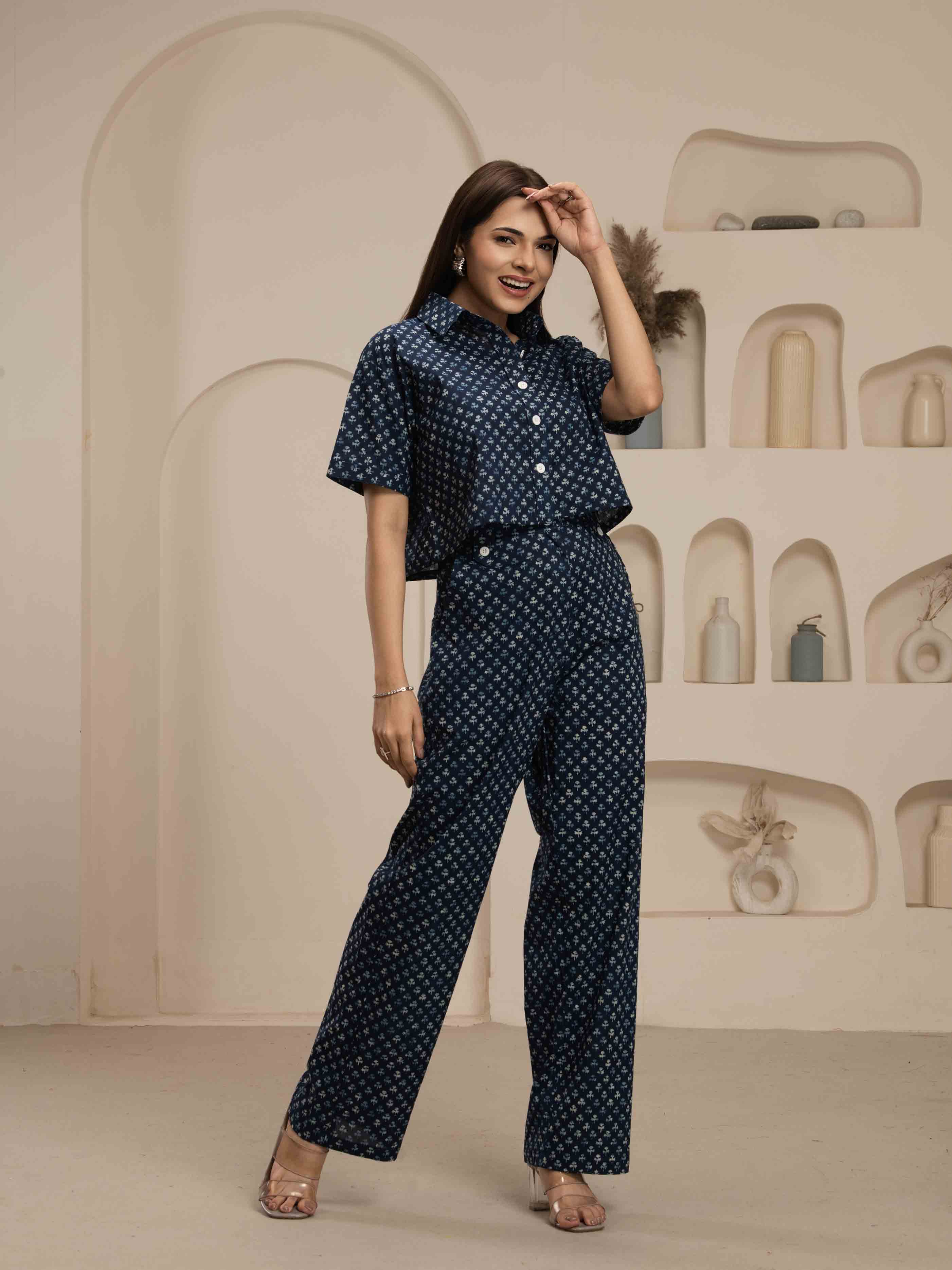 Navdana Jaipuri Print Blue Pant & Crop Shirt Co-ord Set-SHAMA