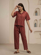 Navdana Red Paisley Print Shirt and Trouser Lounge Set - FIZA