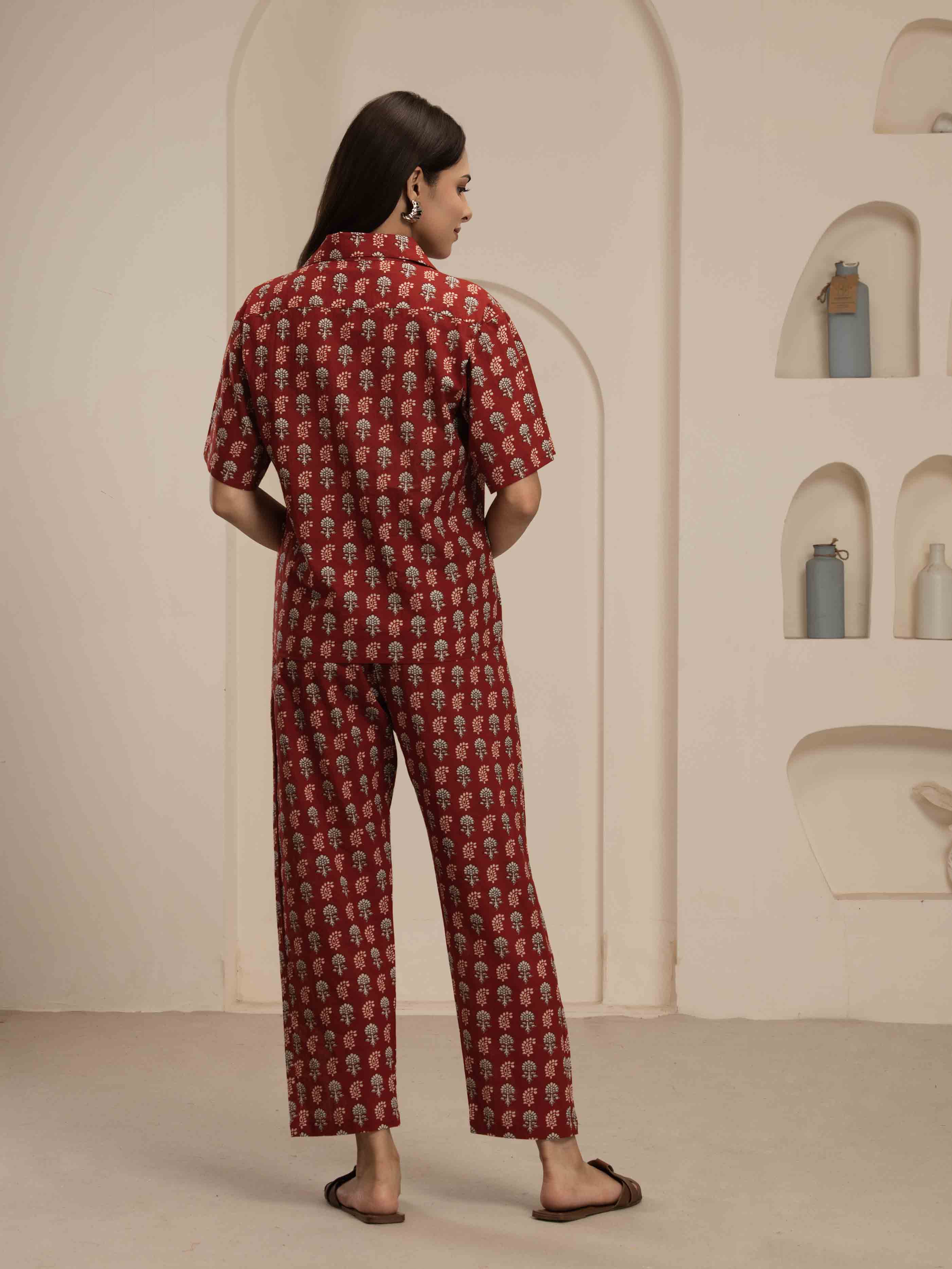 Navdana Red Paisley Print Shirt and Trouser Lounge Set - FIZA