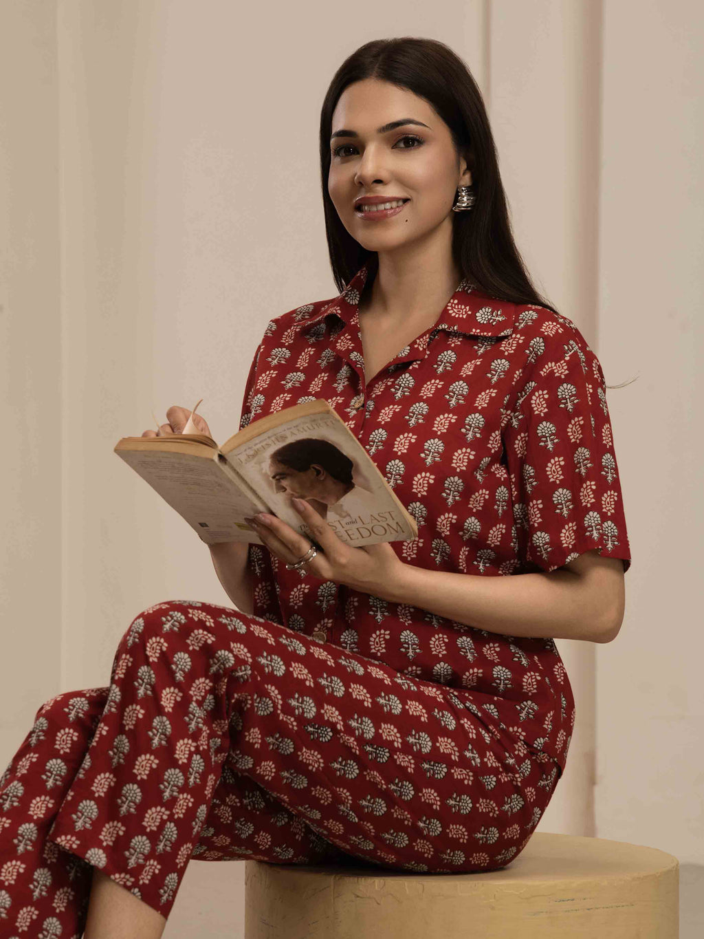 Navdana Red Paisley Print Shirt and Trouser Lounge Set - FIZA