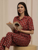 Navdana Red Paisley Print Shirt and Trouser Lounge Set - FIZA