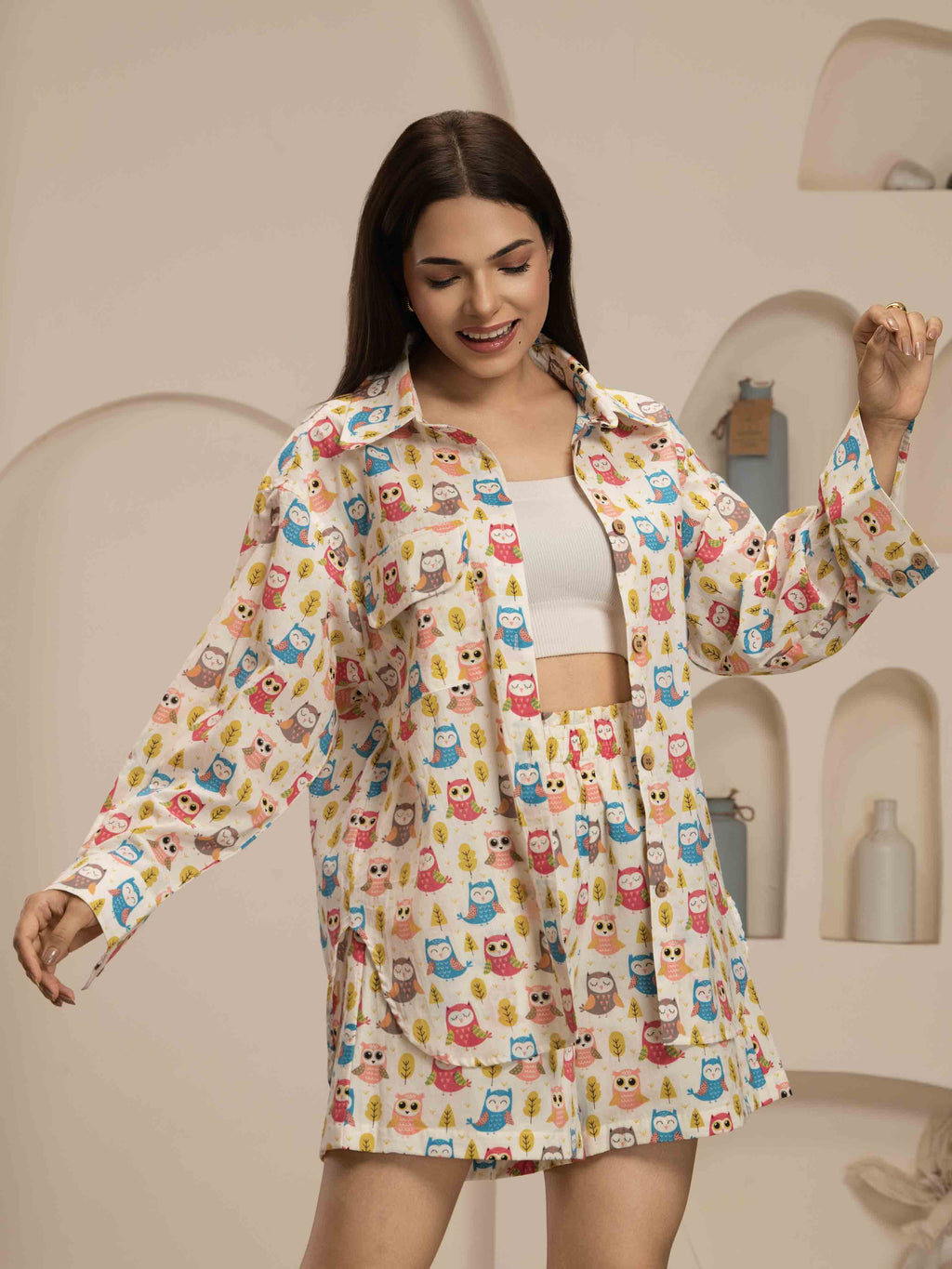 Navdana Owl Co-ord Set with Shirt & Shorts - Coco