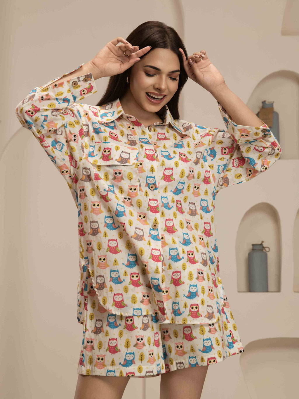 Navdana Owl Co-ord Set with Shirt & Shorts - Coco