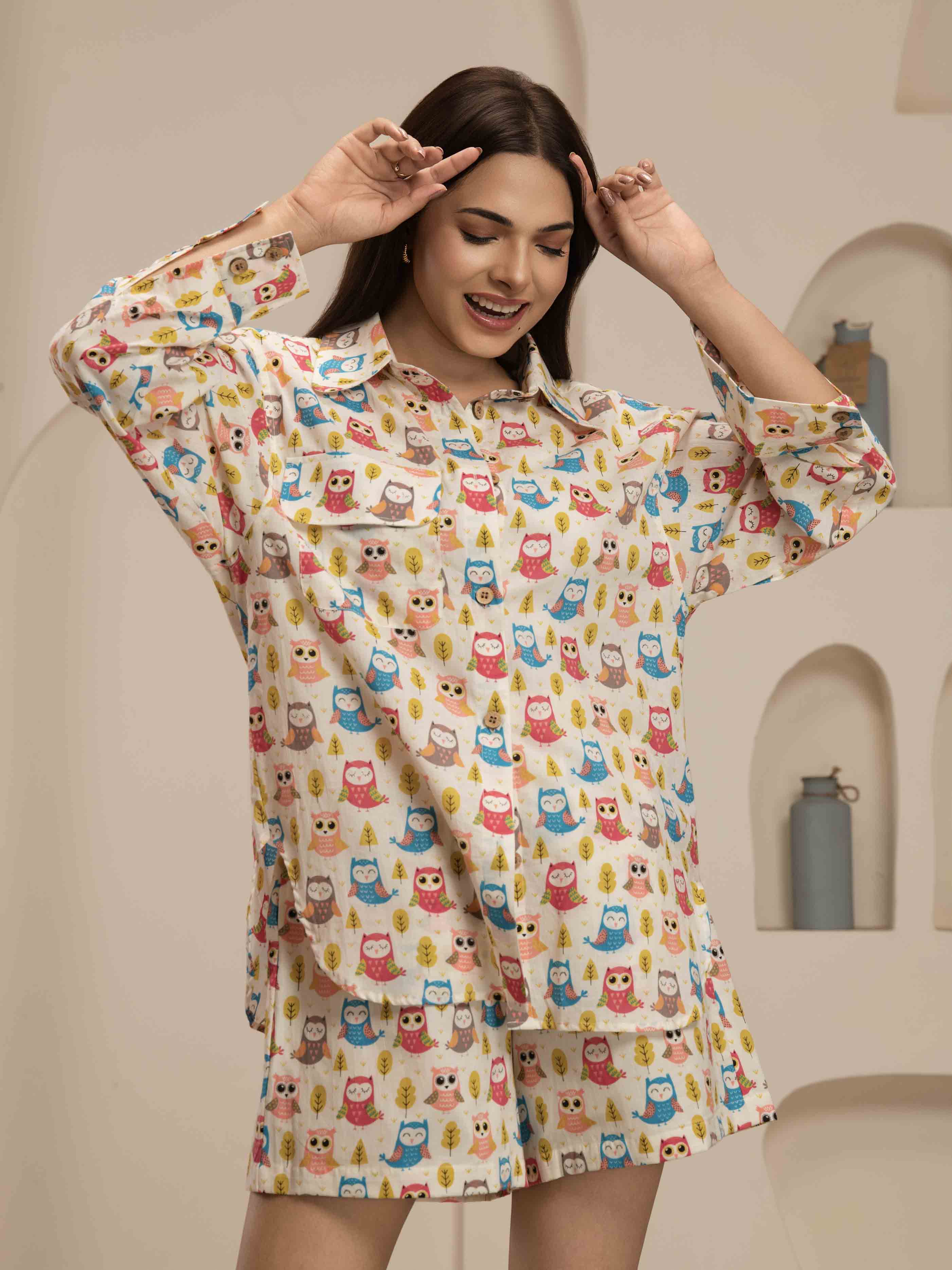 Navdana Owl Co-ord Set with Shirt & Shorts - Coco