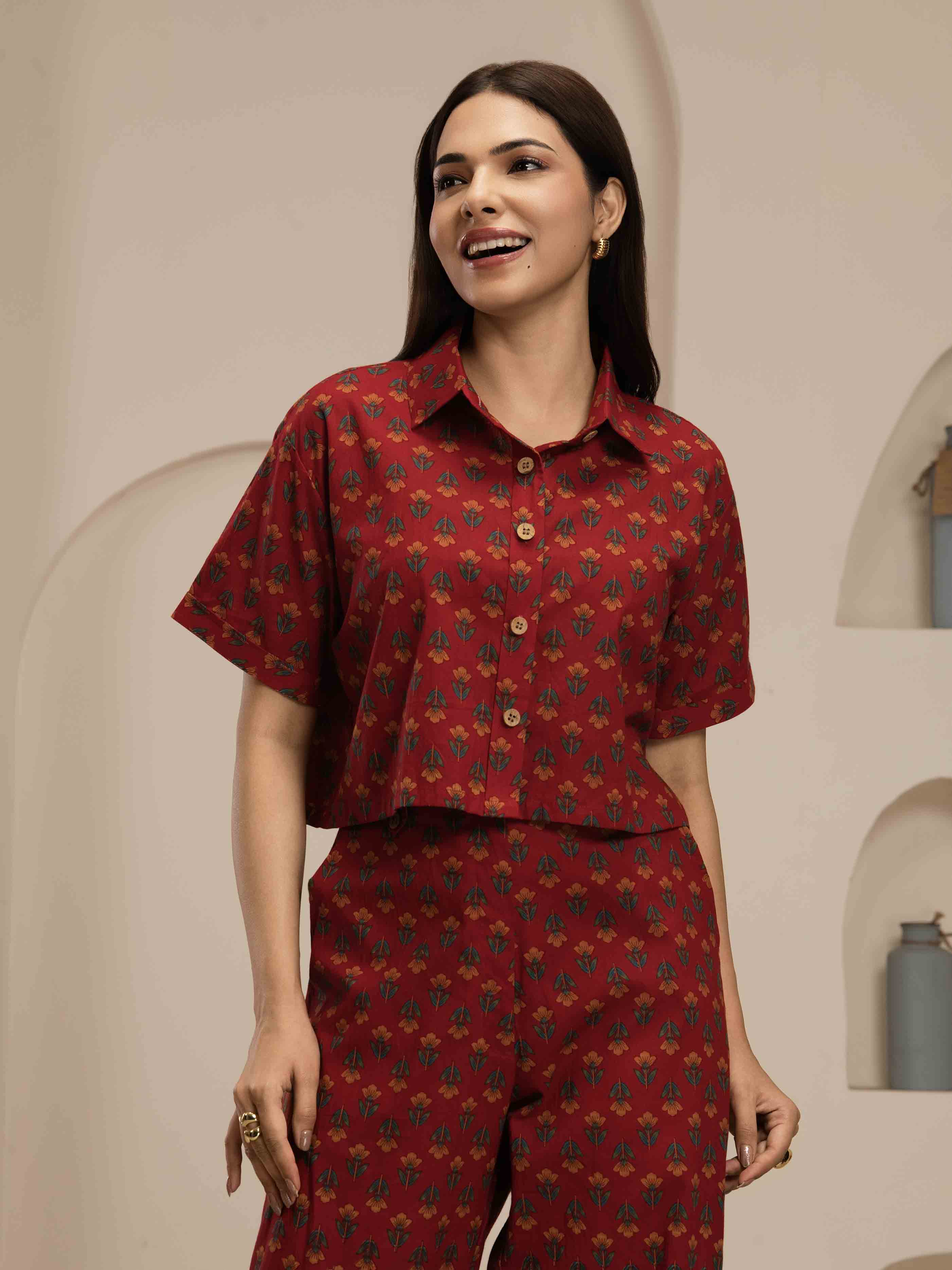 Navdana Red Jaipuri Print Crop Top and Trouser Set- SURKH